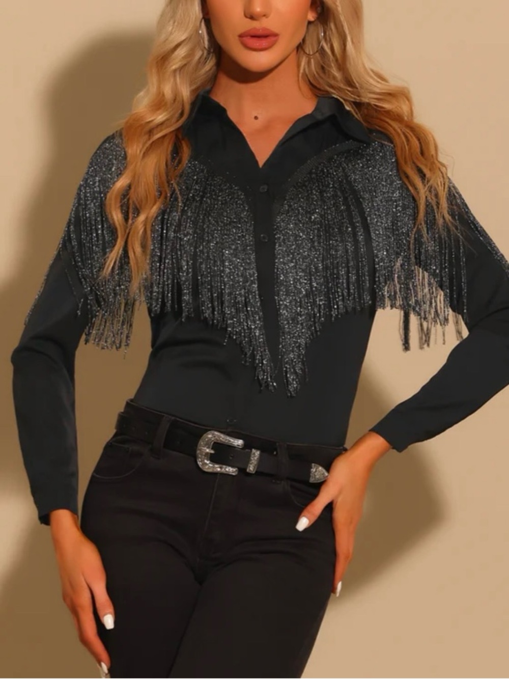 Allegra K Glitter Fringe Long Sleeve Button Down Blouse NWOT
